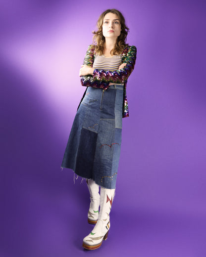 Vintage 1970s Denim Patchwork Skirt with Rhinestones