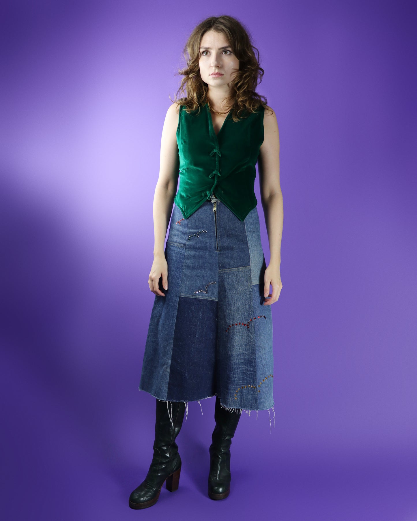 Vintage 1970s Denim Patchwork Skirt with Rhinestones