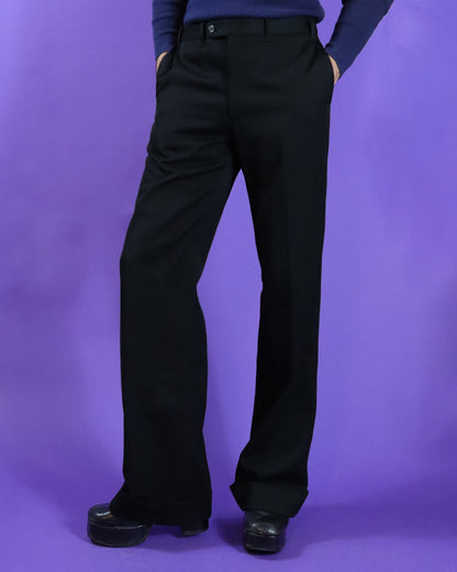 Vintage 1970s Black Tailored Turned Up Flares Trousers