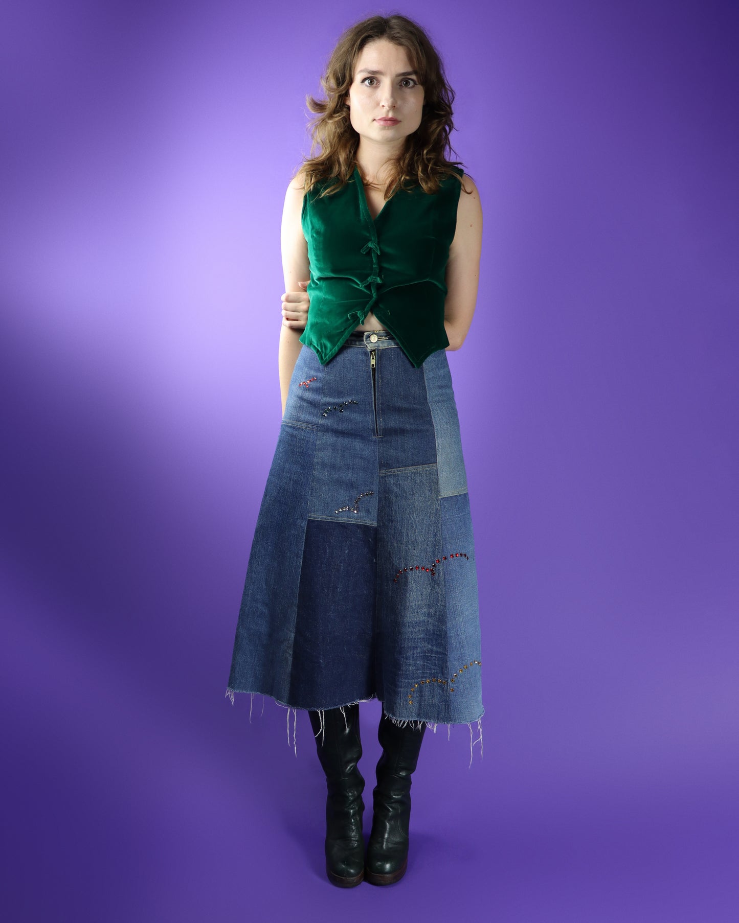 Vintage 1970s Denim Patchwork Skirt with Rhinestones