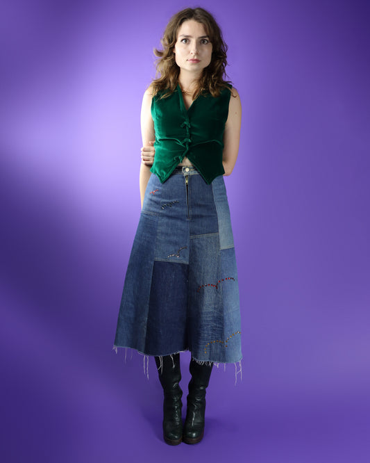 Vintage 1970s Denim Patchwork Skirt with Rhinestones