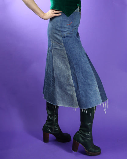 Vintage 1970s Denim Patchwork Skirt with Rhinestones