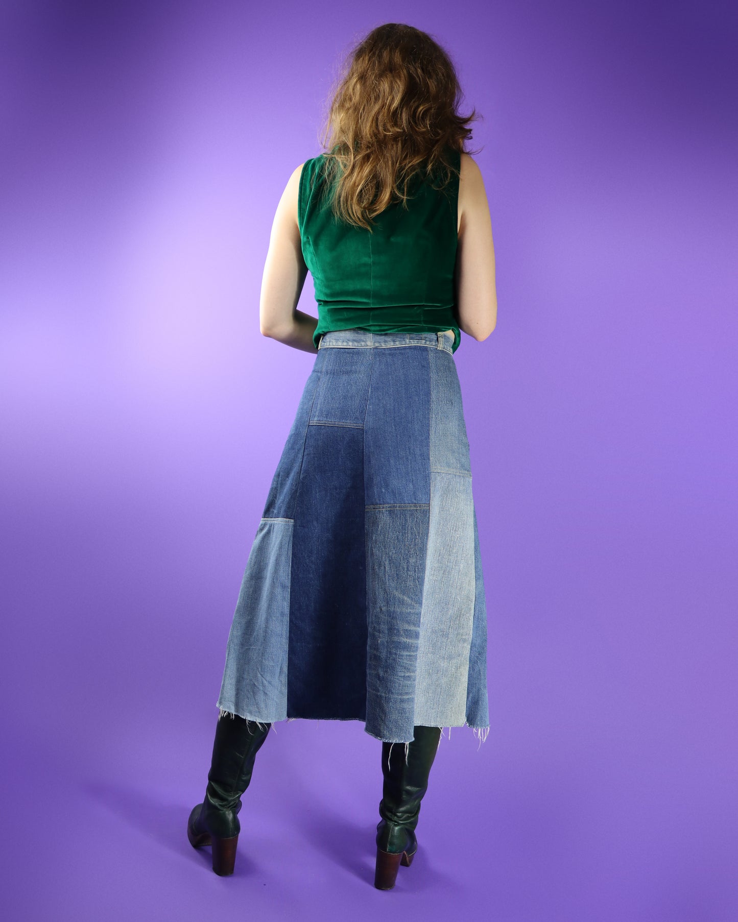 Vintage 1970s Denim Patchwork Skirt with Rhinestones