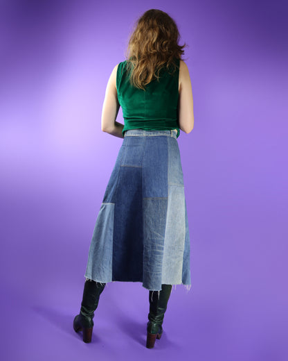 Vintage 1970s Denim Patchwork Skirt with Rhinestones