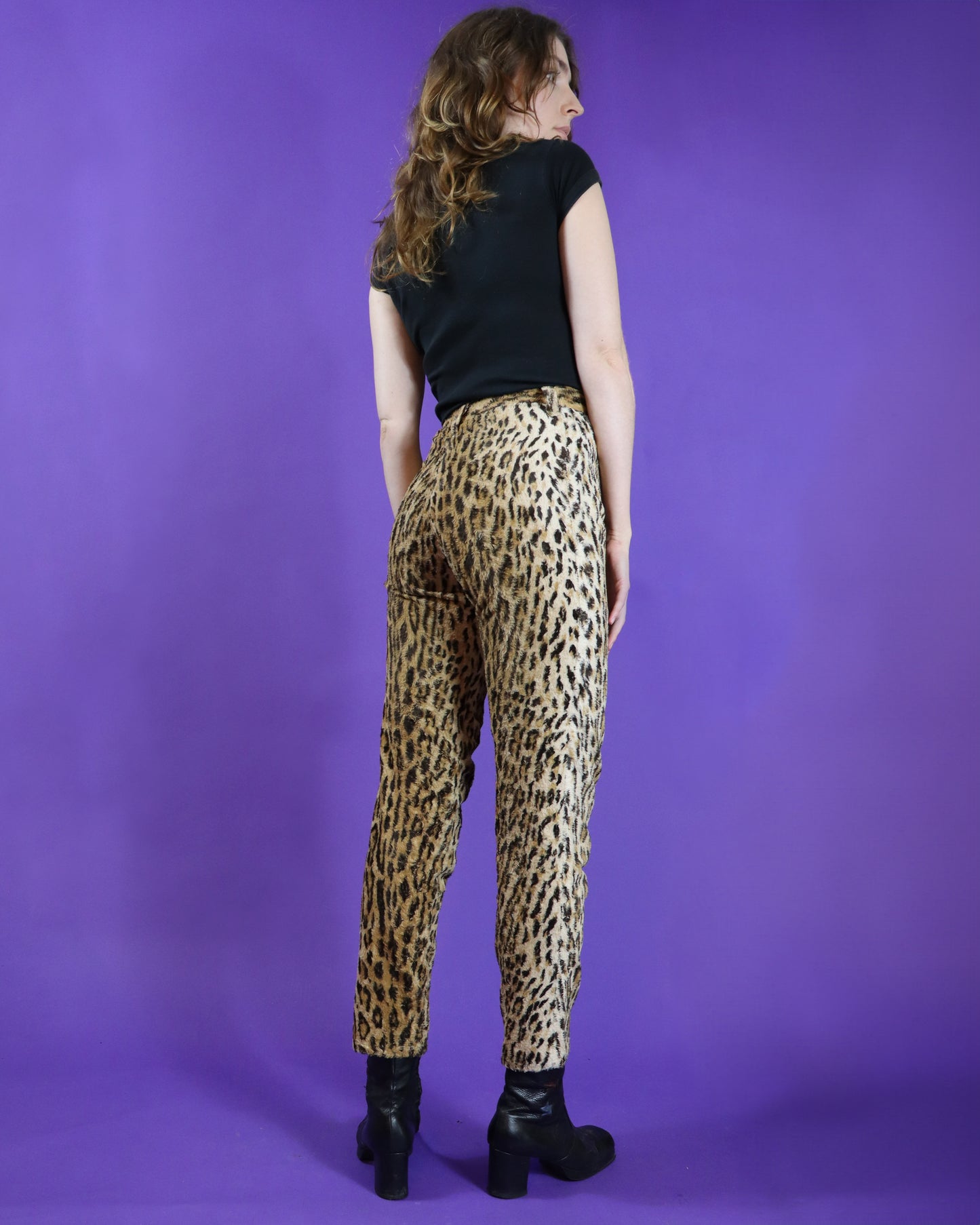 Vintage 1970s Punk Leopard Faux Fur Tapered Leg Trousers