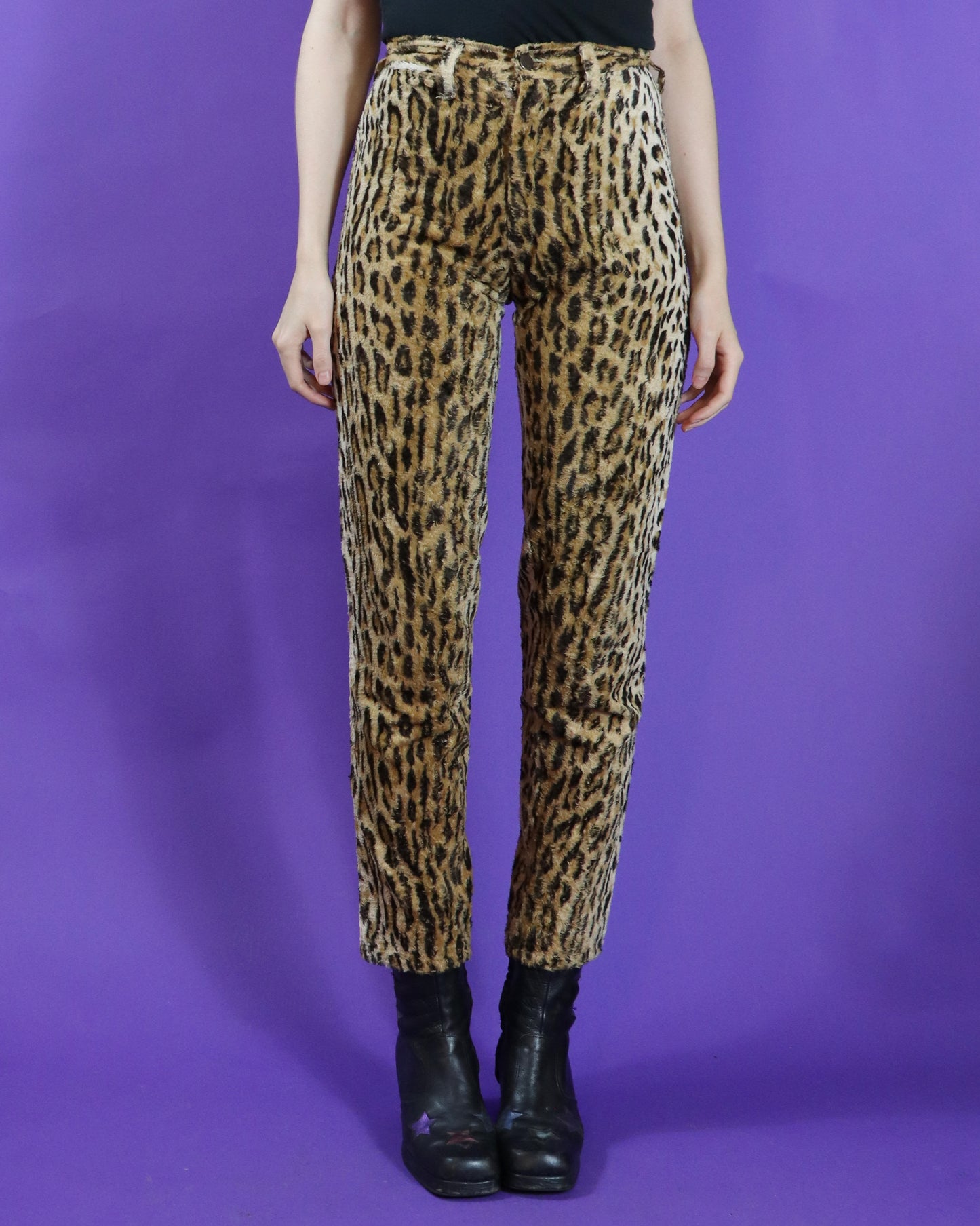 Vintage 1970s Punk Leopard Faux Fur Tapered Leg Trousers