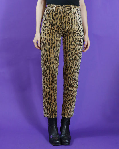 Vintage 1970s Punk Leopard Faux Fur Tapered Leg Trousers