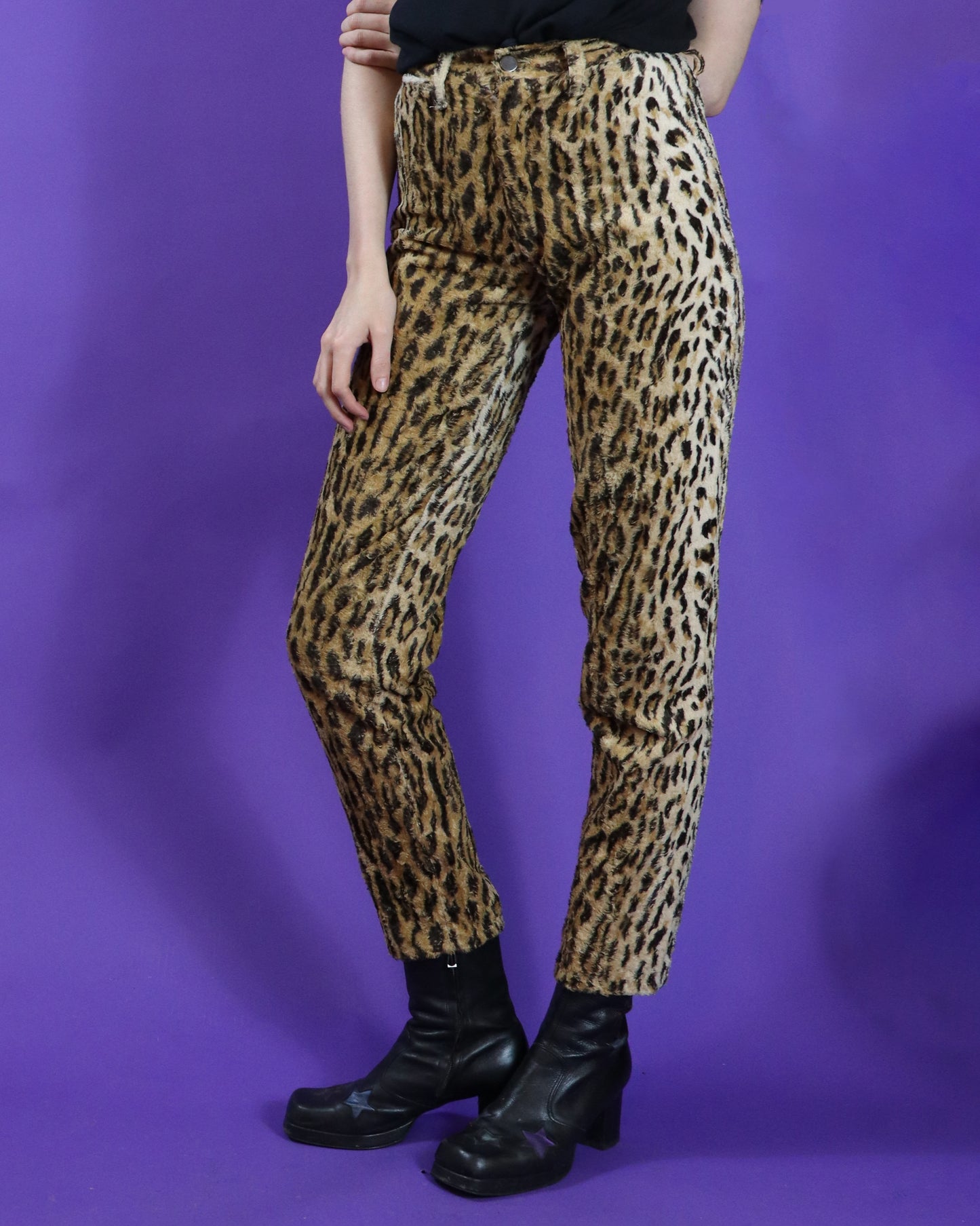 Vintage 1970s Punk Leopard Faux Fur Tapered Leg Trousers