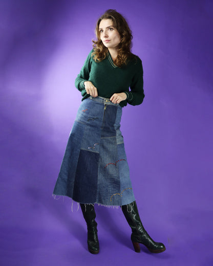 Vintage 1970s Denim Patchwork Skirt with Rhinestones