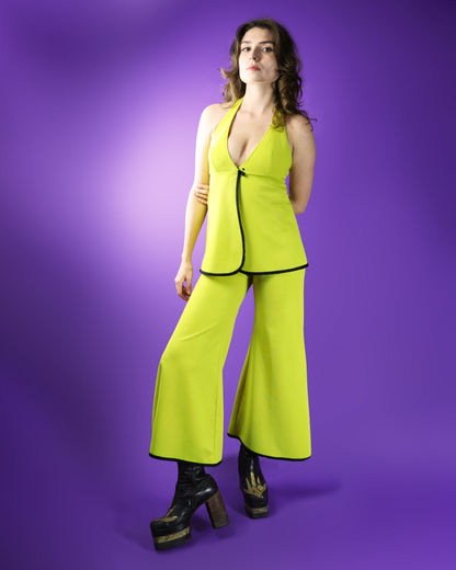 Vintage 1970s Yellow Trouser Suit With Palazzo Flares and Halterneck Top
