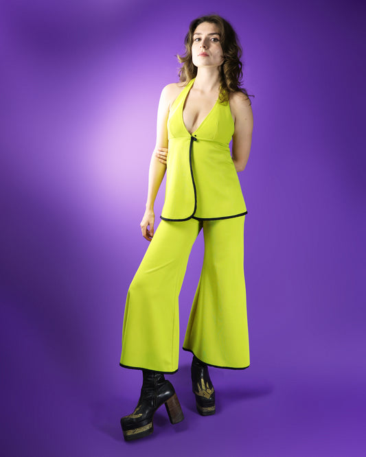 Vintage 1970s Yellow Trouser Suit With Palazzo Flares and Halterneck Top