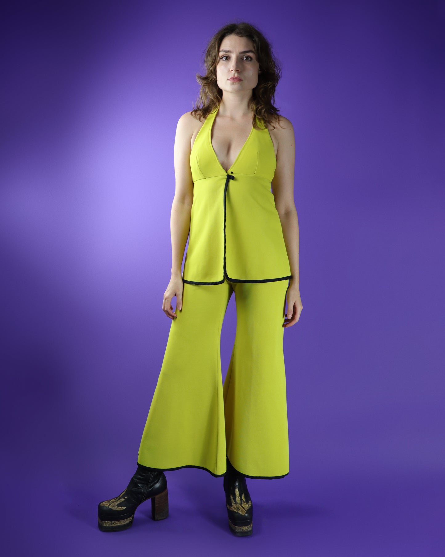 Vintage 1970s Yellow Trouser Suit With Palazzo Flares and Halterneck Top