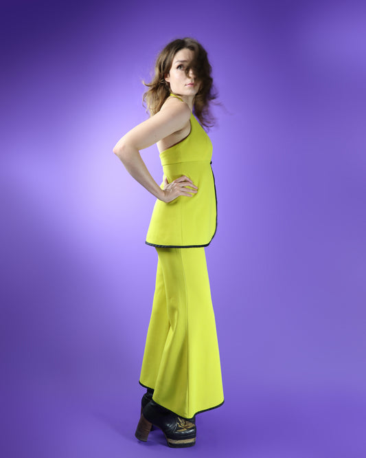Vintage 1970s Yellow Trouser Suit With Palazzo Flares and Halterneck Top