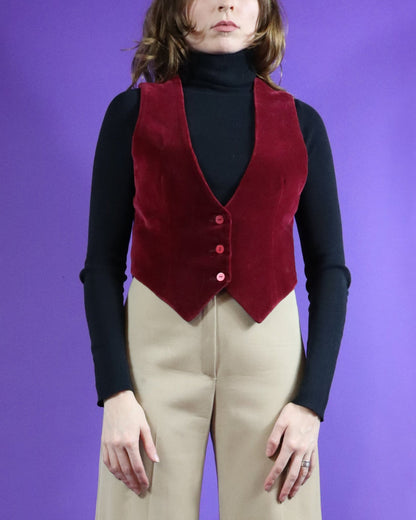 Vintage 1970s Handmade Waistcoat Red Velvet