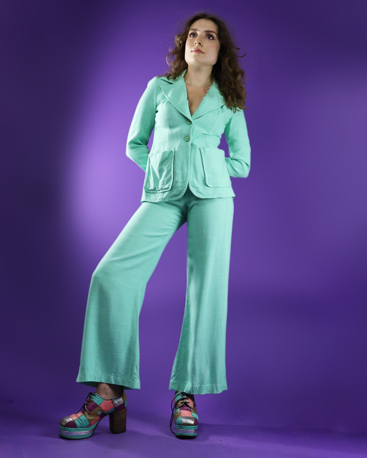 Vintage 1970s Mint Green Linen Suit