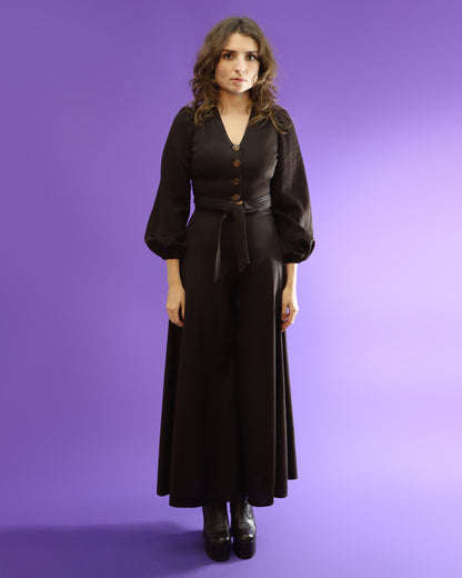 Vintage 1970s Chocolate Brown Palazzo Pant Suit Wide Leg Flares Balloon Sleeve