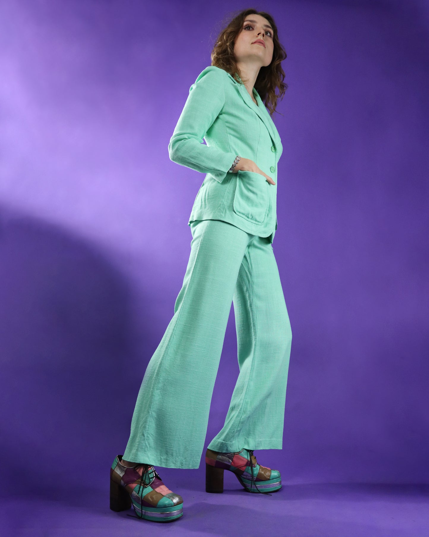 Vintage 1970s Mint Green Linen Suit