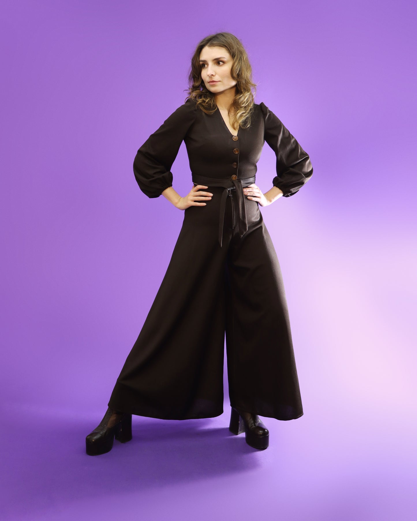 Vintage 1970s Chocolate Brown Palazzo Pant Suit Wide Leg Flares Balloon Sleeve