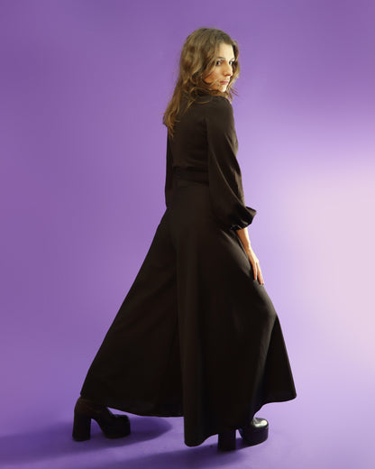 Vintage 1970s Chocolate Brown Palazzo Pant Suit Wide Leg Flares Balloon Sleeve