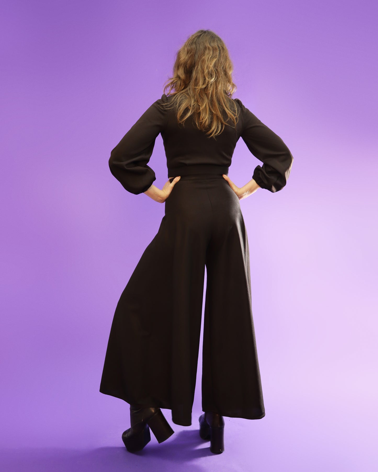 Vintage 1970s Chocolate Brown Palazzo Pant Suit Wide Leg Flares Balloon Sleeve