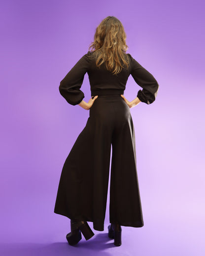 Vintage 1970s Chocolate Brown Palazzo Pant Suit Wide Leg Flares Balloon Sleeve