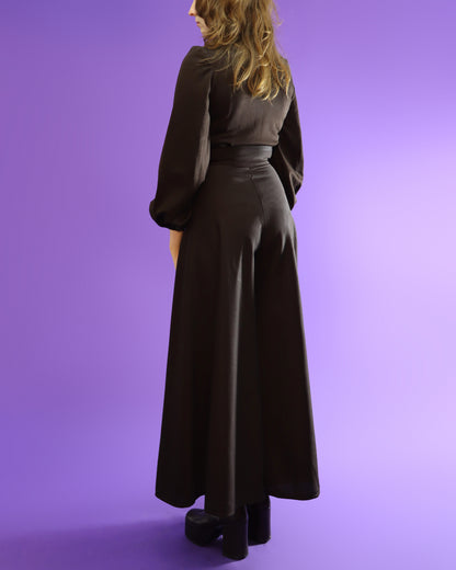 Vintage 1970s Chocolate Brown Palazzo Pant Suit Wide Leg Flares Balloon Sleeve