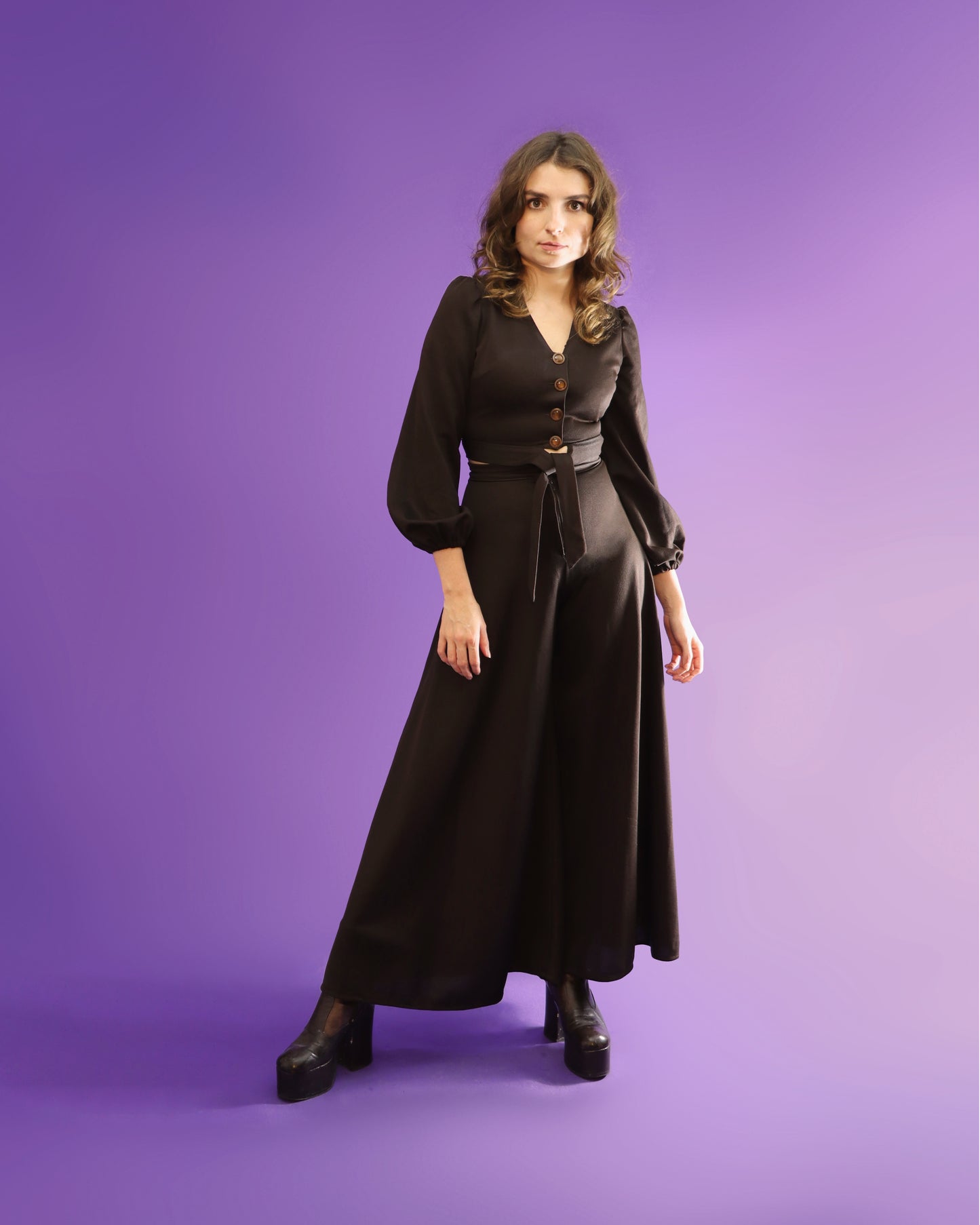 Vintage 1970s Chocolate Brown Palazzo Pant Suit Wide Leg Flares Balloon Sleeve