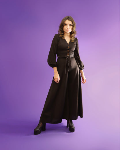 Vintage 1970s Chocolate Brown Palazzo Pant Suit Wide Leg Flares Balloon Sleeve