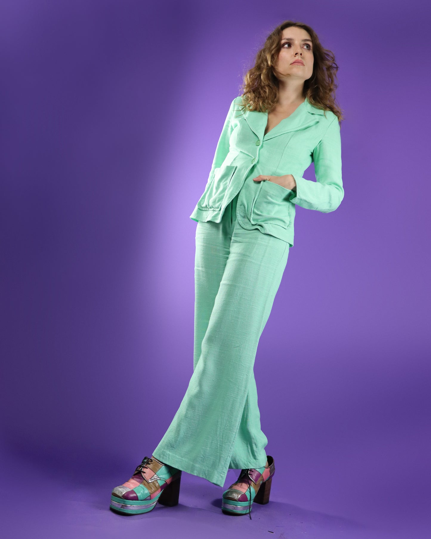Vintage 1970s Mint Green Linen Suit
