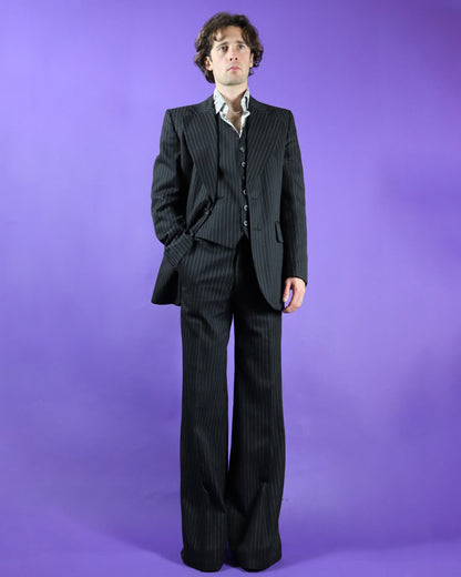 Vintage 1970s Black Pinstripe 3 Piece Suit