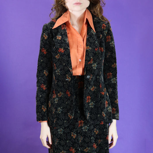 Vintage 1970s Floral Velvet Maxi Skirt Suit Set