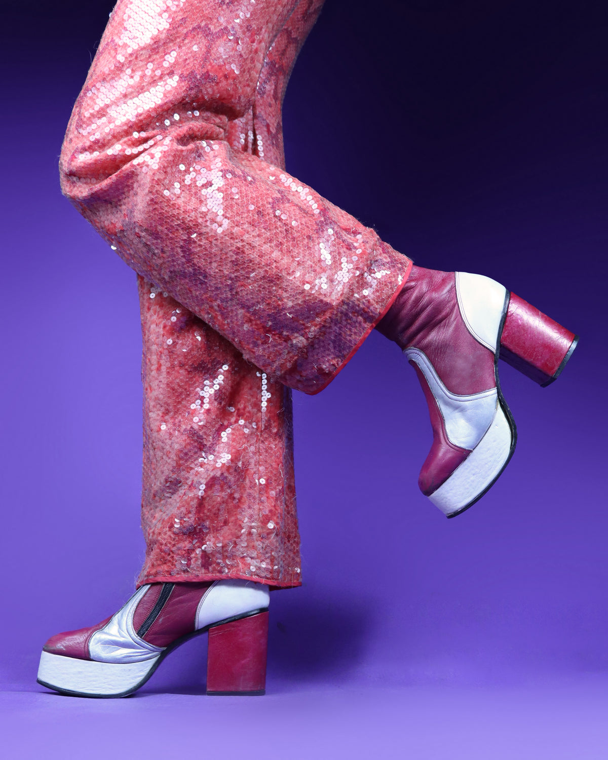 RARE Vintage 1970s Raspberry Silver and Cream Leather Platform Boots