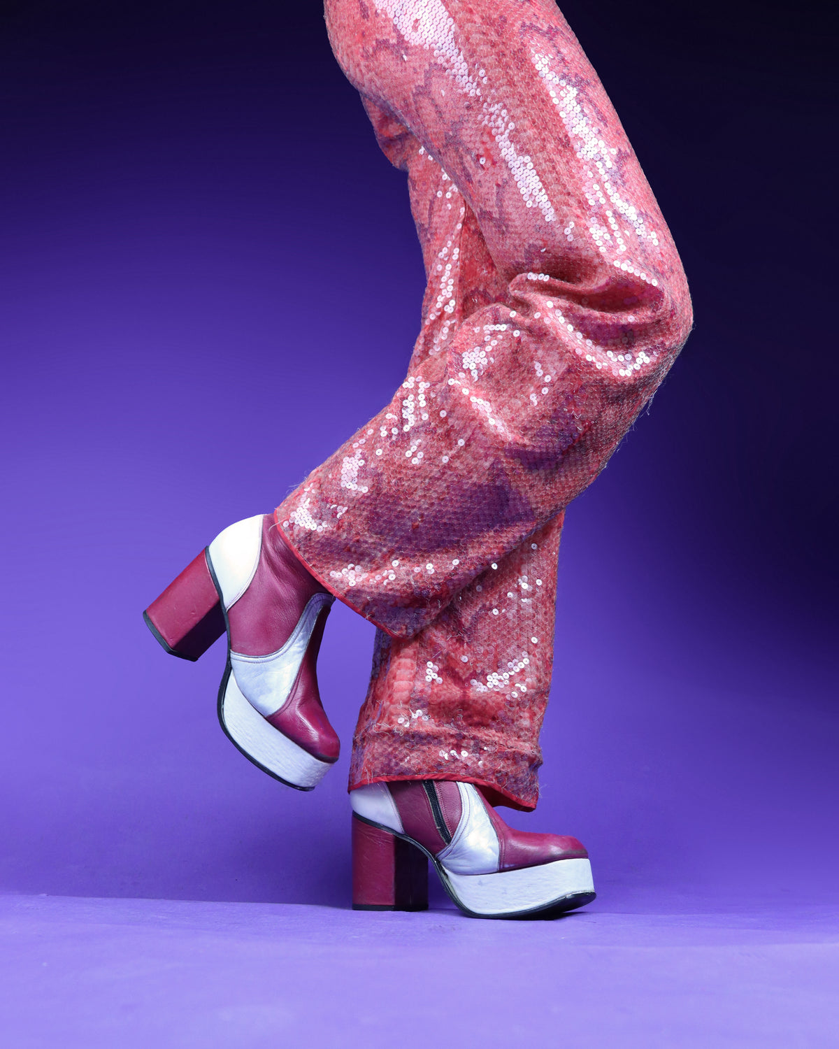 RARE Vintage 1970s Raspberry Silver and Cream Leather Platform Boots