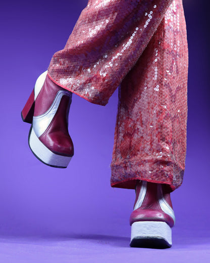 RARE Vintage 1970s Raspberry Silver and Cream Leather Platform Boots