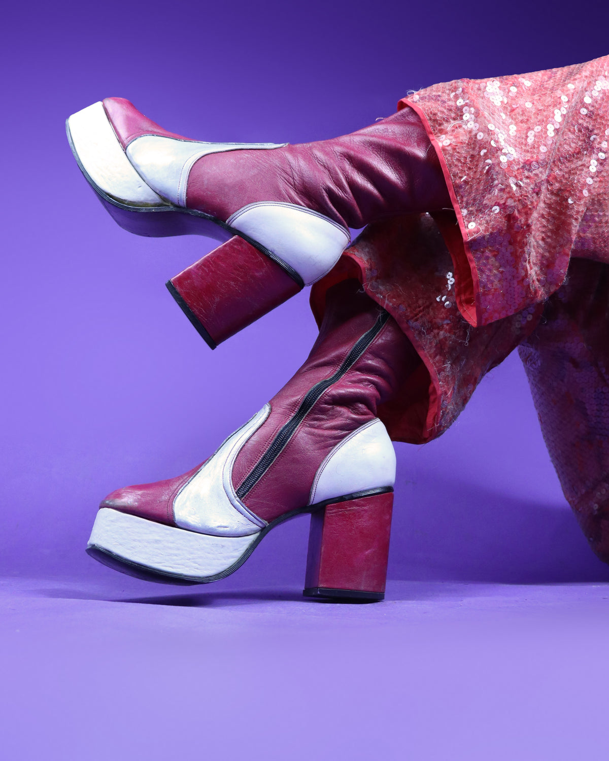 RARE Vintage 1970s Raspberry Silver and Cream Leather Platform Boots
