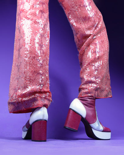 RARE Vintage 1970s Raspberry Silver and Cream Leather Platform Boots