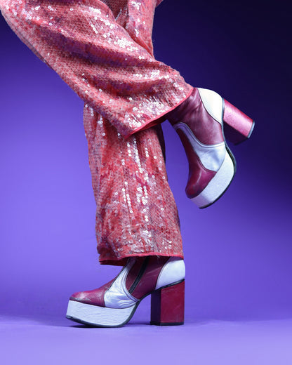 RARE Vintage 1970s Raspberry Silver and Cream Leather Platform Boots