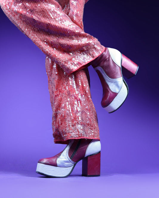 RARE Vintage 1970s Raspberry Silver and Cream Leather Platform Boots