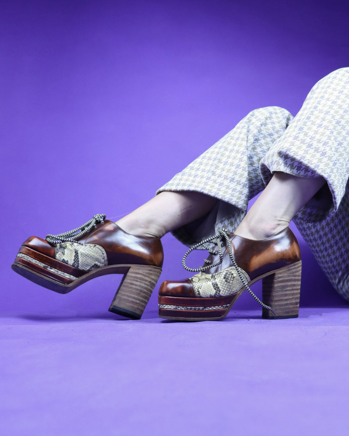 Vintage 1970s Two Tone Snakeskin and Patent Platform Shoes
