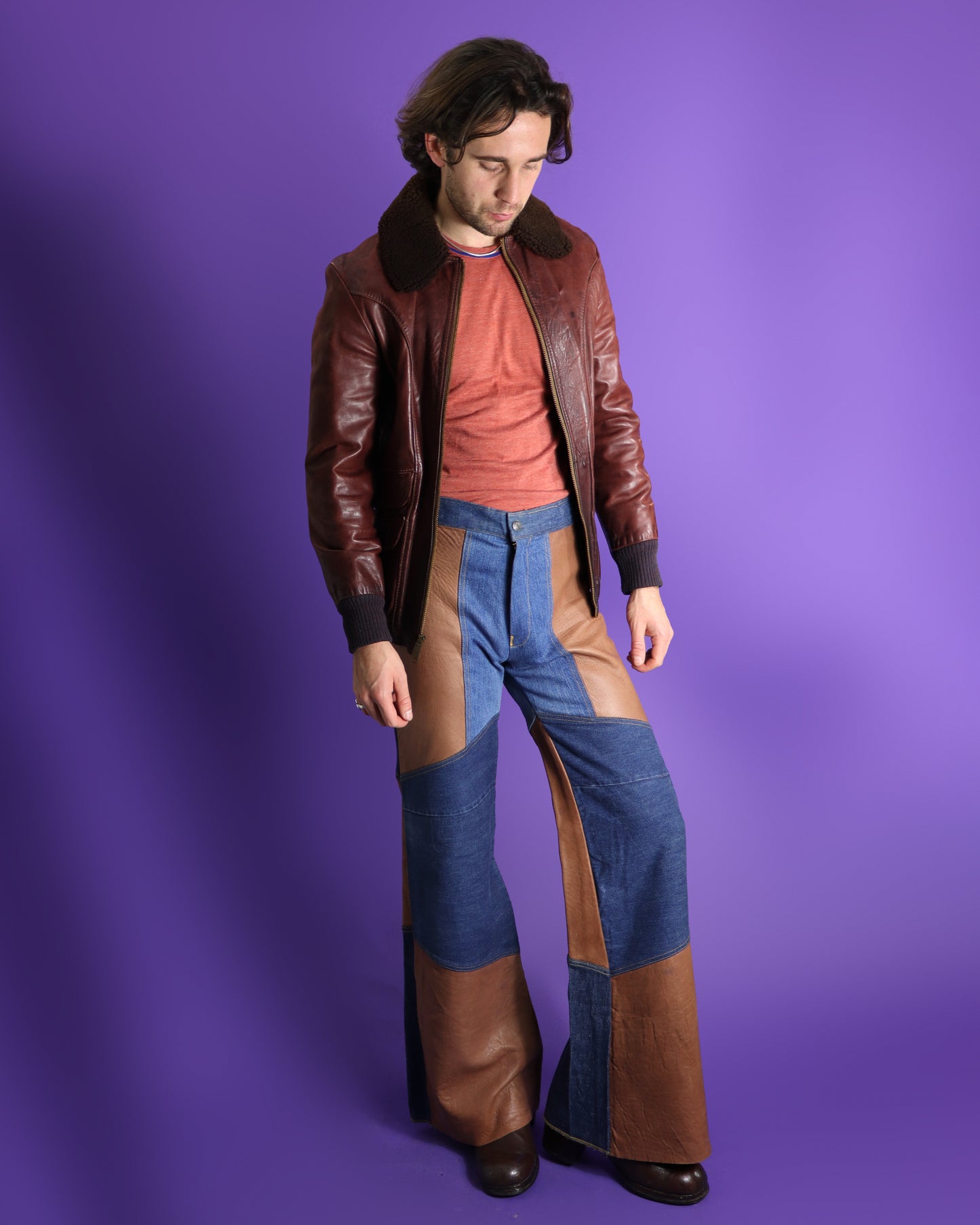 Vintage 1970s Antonio Guiseppe Haute Chocolate Leather Patchwork Denim Flares