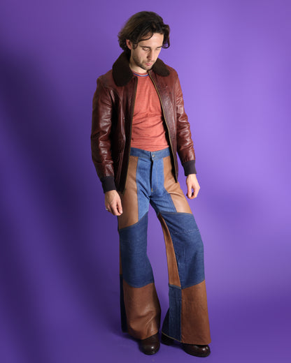 Vintage 1970s Antonio Guiseppe Haute Chocolate Leather Patchwork Denim Flares