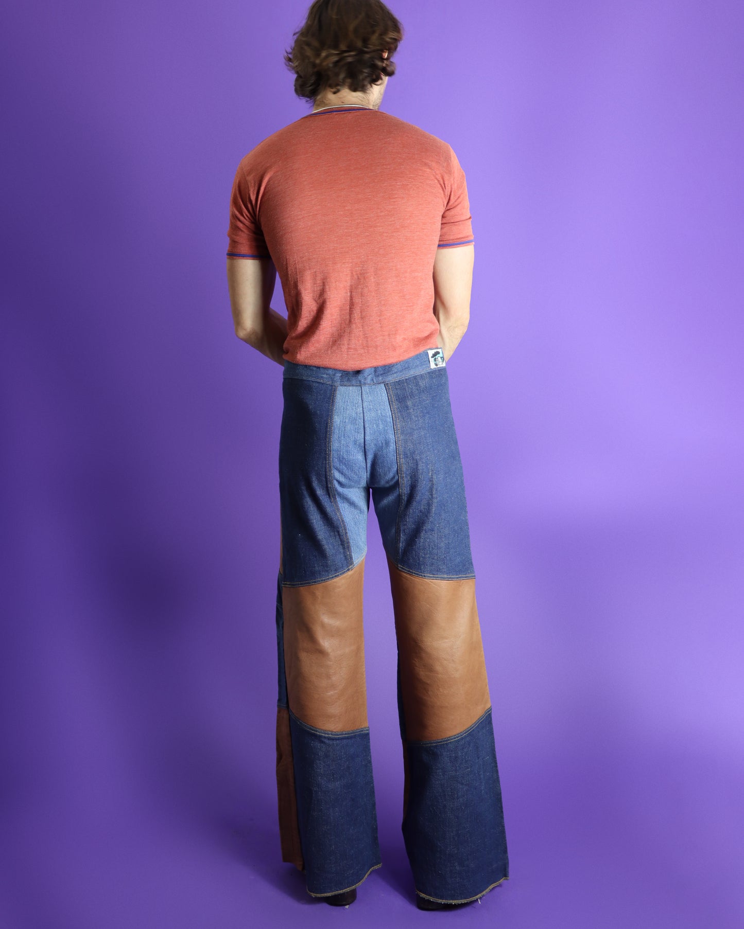 Vintage 1970s Antonio Guiseppe Haute Chocolate Leather Patchwork Denim Flares