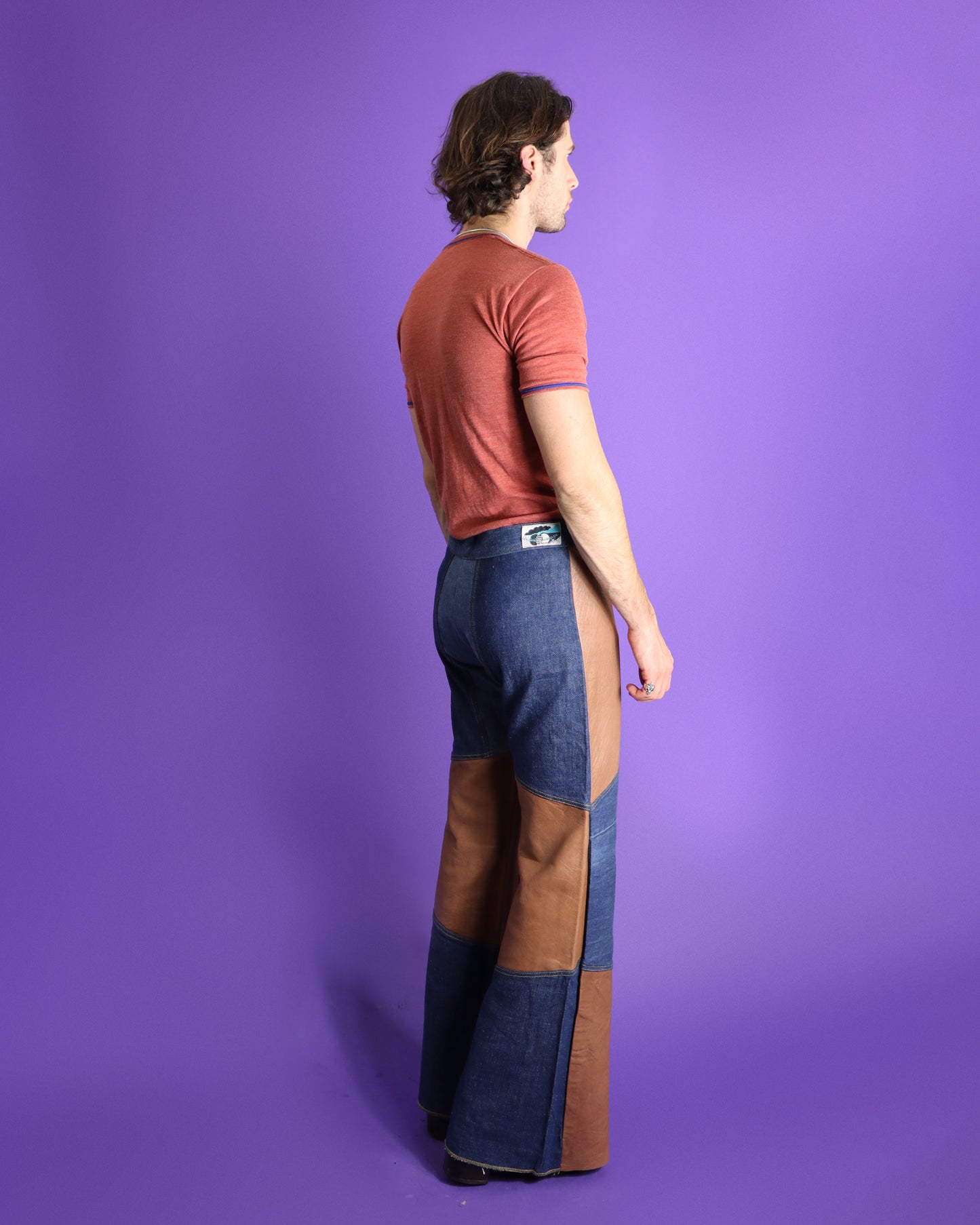 Vintage 1970s Antonio Guiseppe Haute Chocolate Leather Patchwork Denim Flares