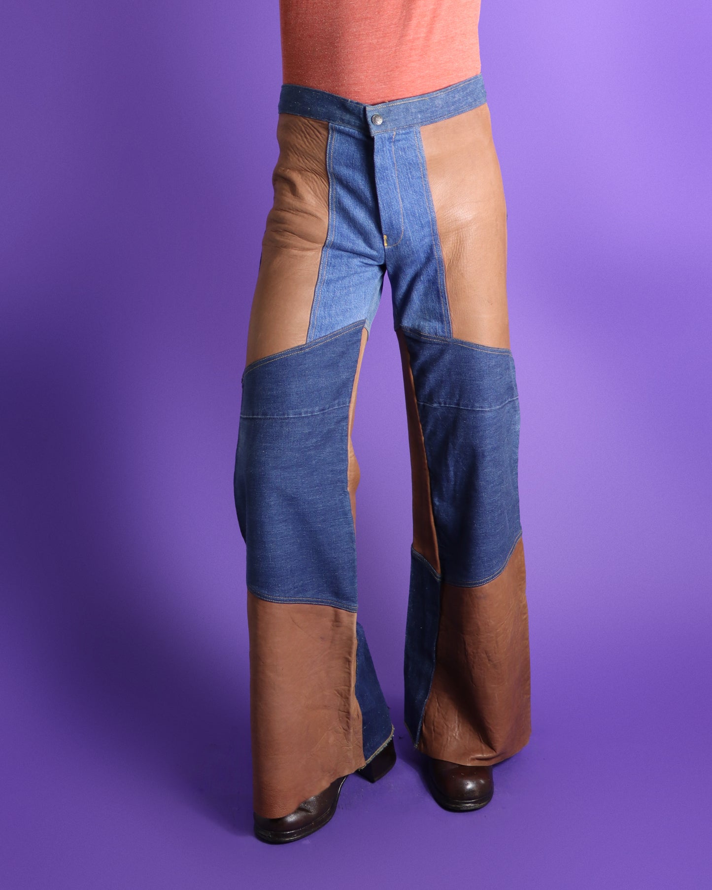 Vintage 1970s Antonio Guiseppe Haute Chocolate Leather Patchwork Denim Flares