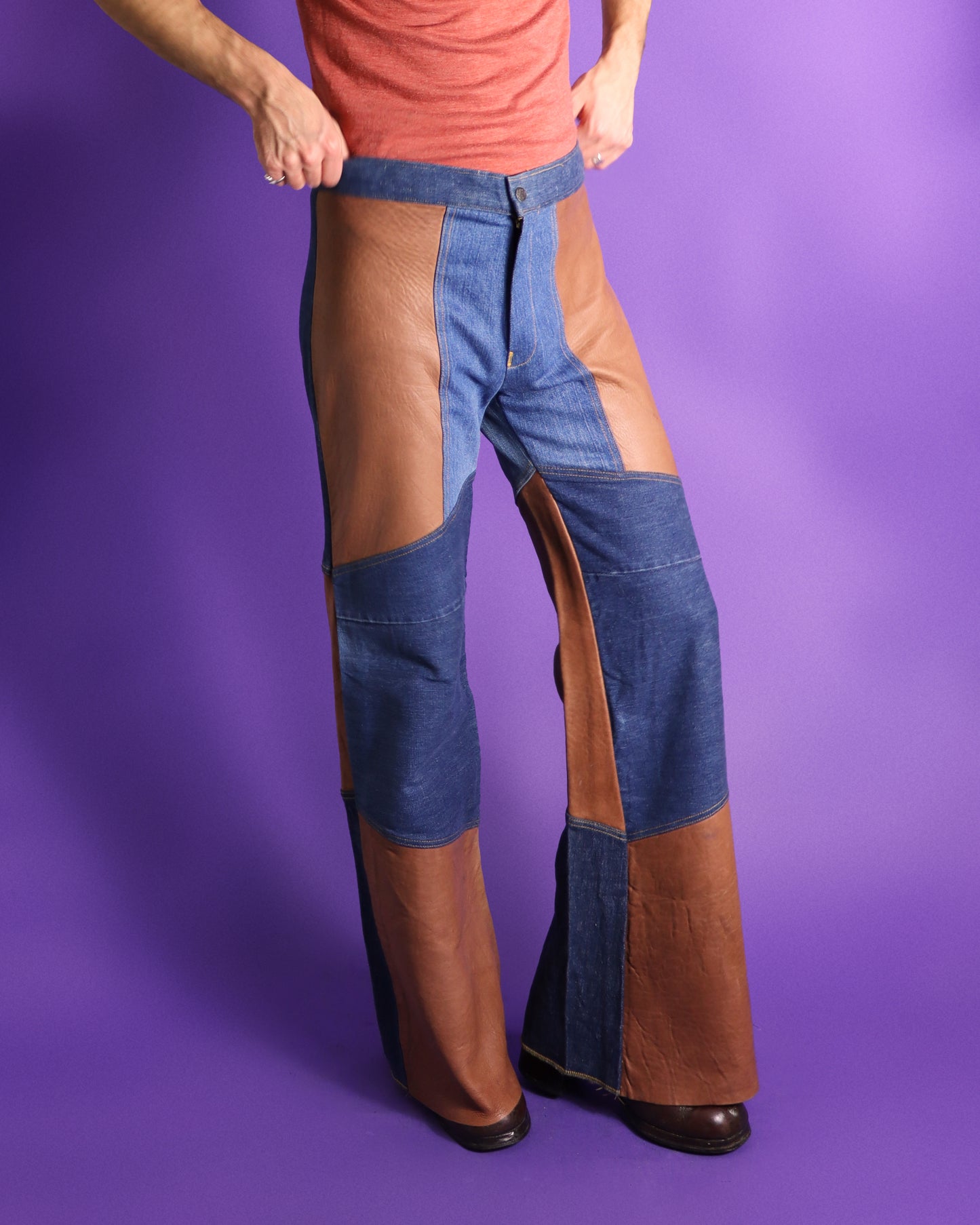 Vintage 1970s Antonio Guiseppe Haute Chocolate Leather Patchwork Denim Flares