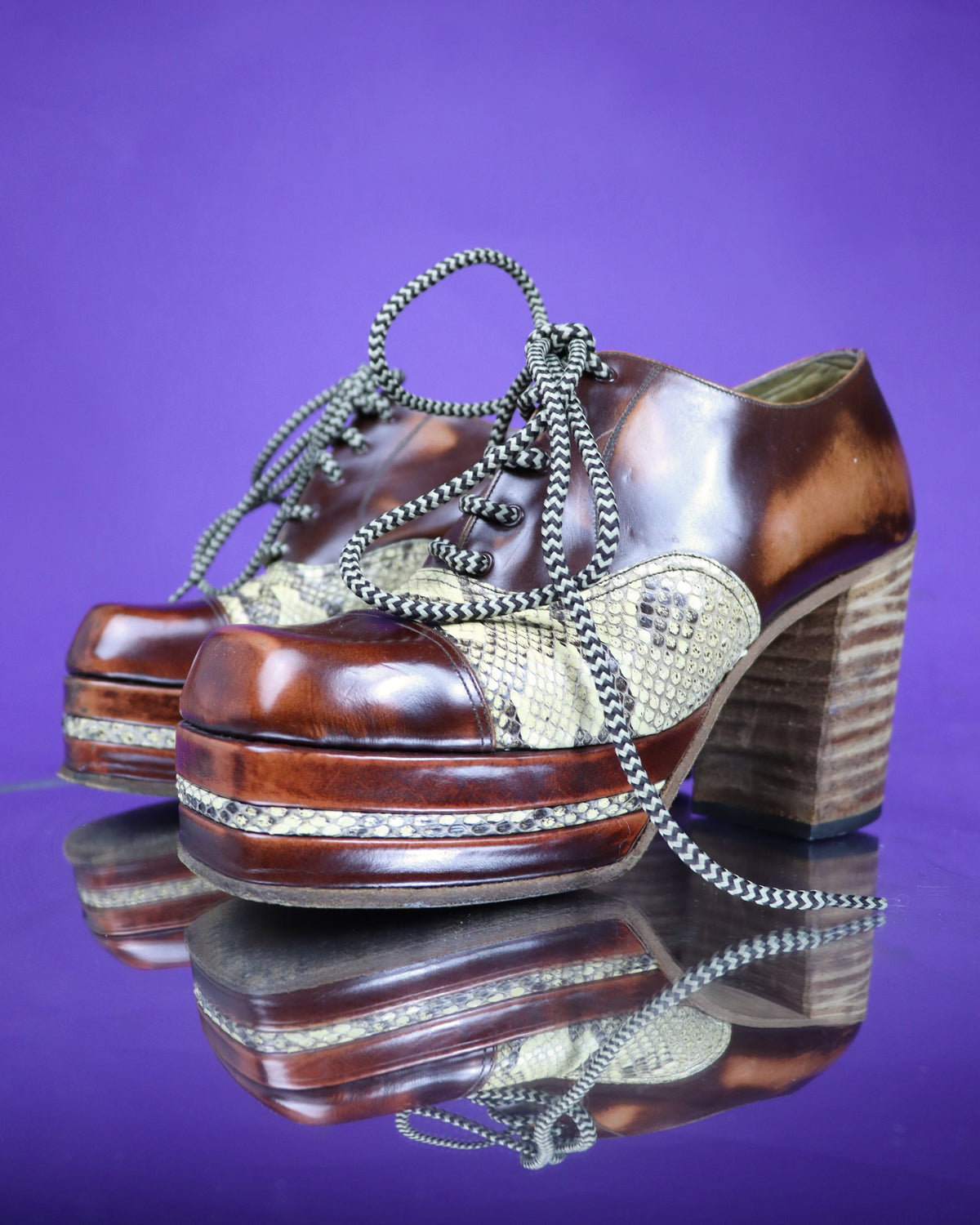 Vintage 1970s Two Tone Snakeskin and Patent Platform Shoes