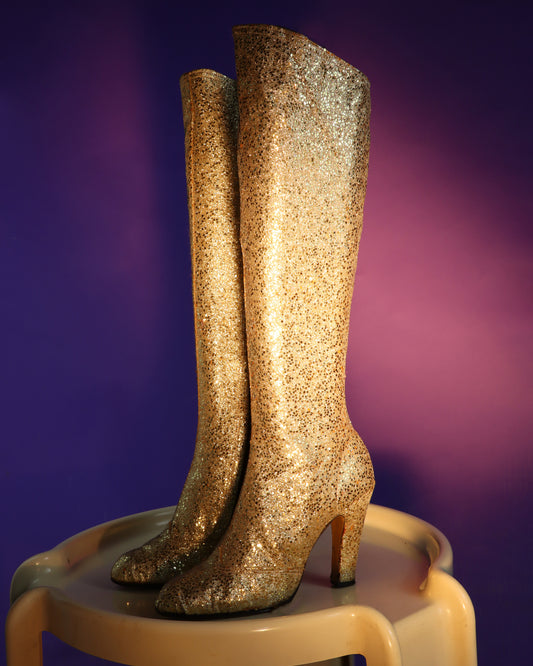 RARE Vintage 1970s Golden Glitter Platform Boots