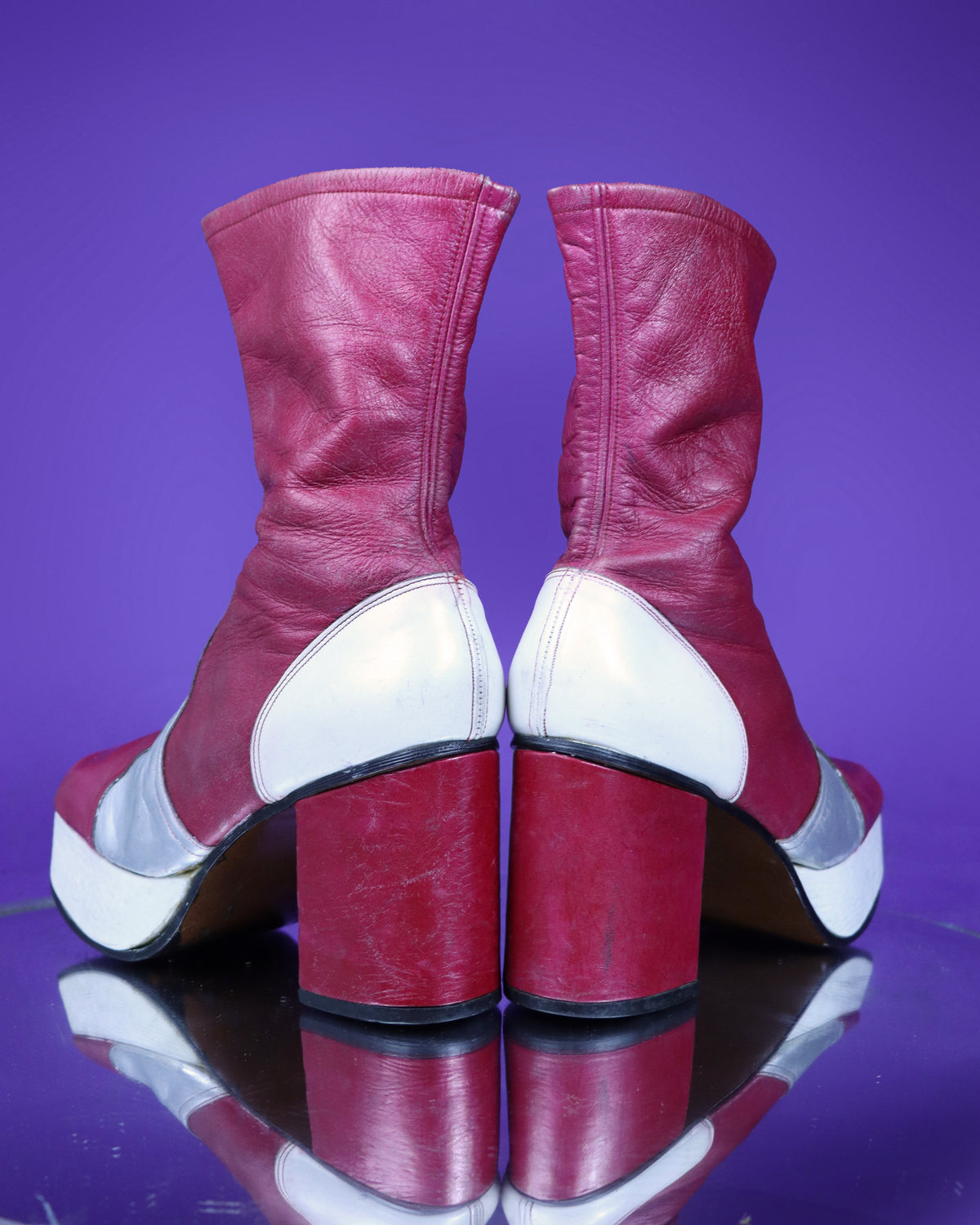 RARE Vintage 1970s Raspberry Silver and Cream Leather Platform Boots