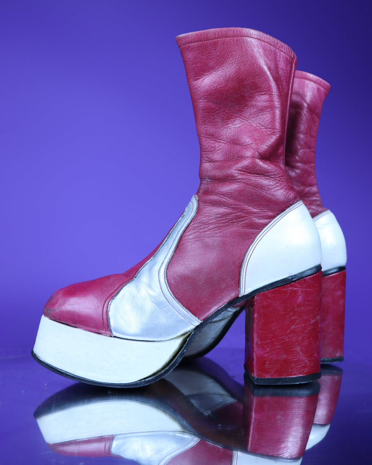 RARE Vintage 1970s Raspberry Silver and Cream Leather Platform Boots