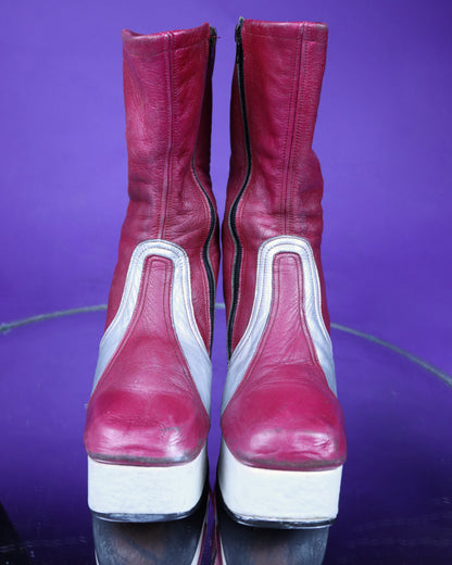 RARE Vintage 1970s Raspberry Silver and Cream Leather Platform Boots
